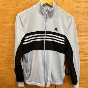 Adidas Women’s Zip Up Track Jacket Light Blue/Black 3-stripes Sz L EUC